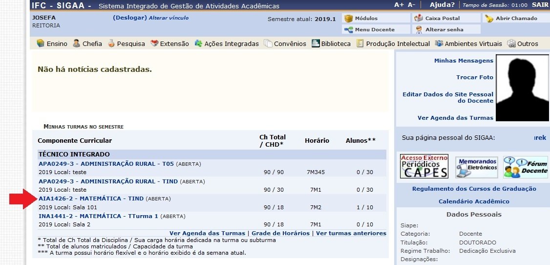  Docente Cadastro turma dependência