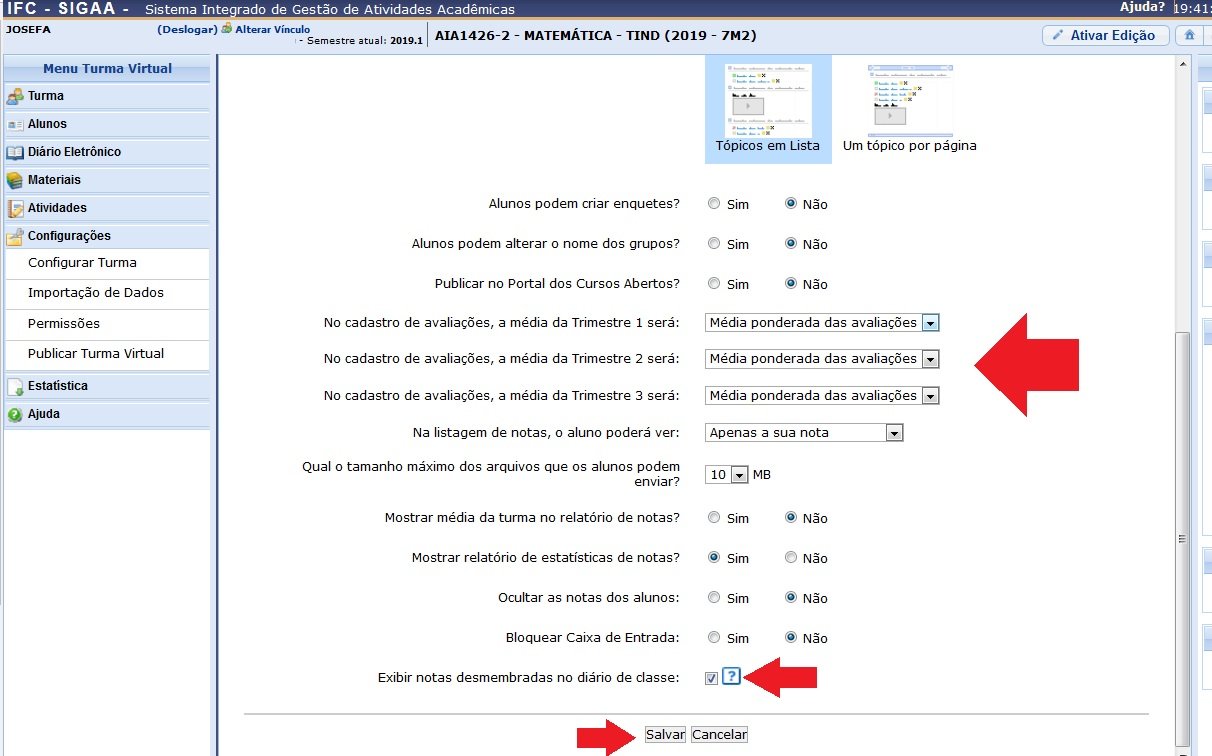  Docente Cadastro turma dependência