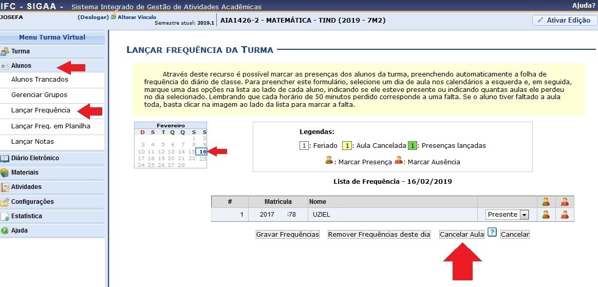  Docente Cadastro turma dependência