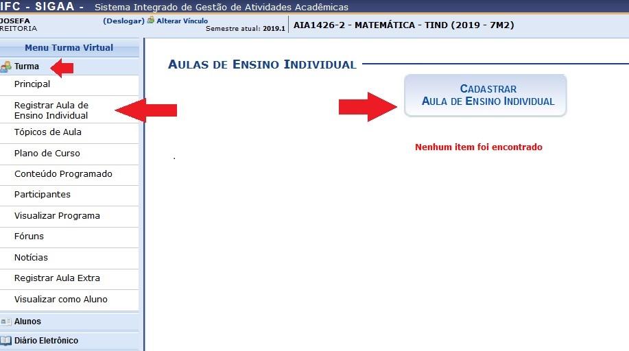  Docente Cadastro turma dependência