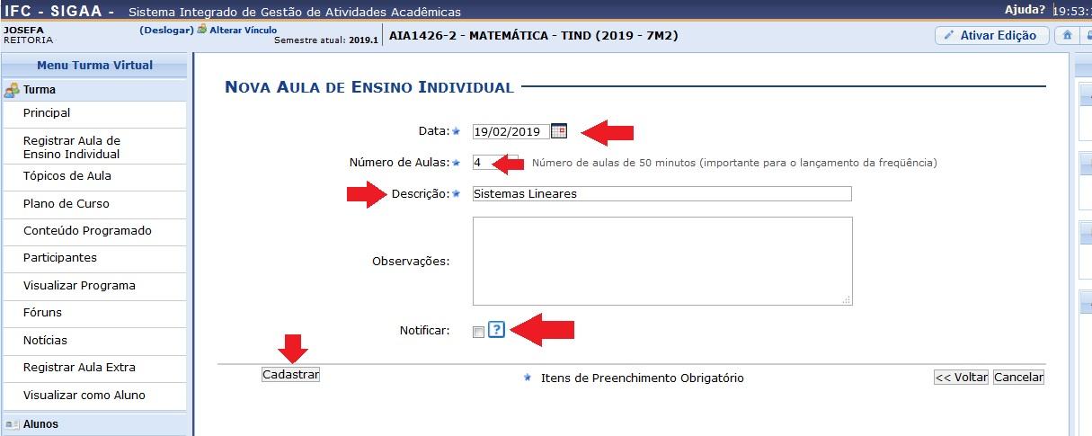  Docente Cadastro turma dependência