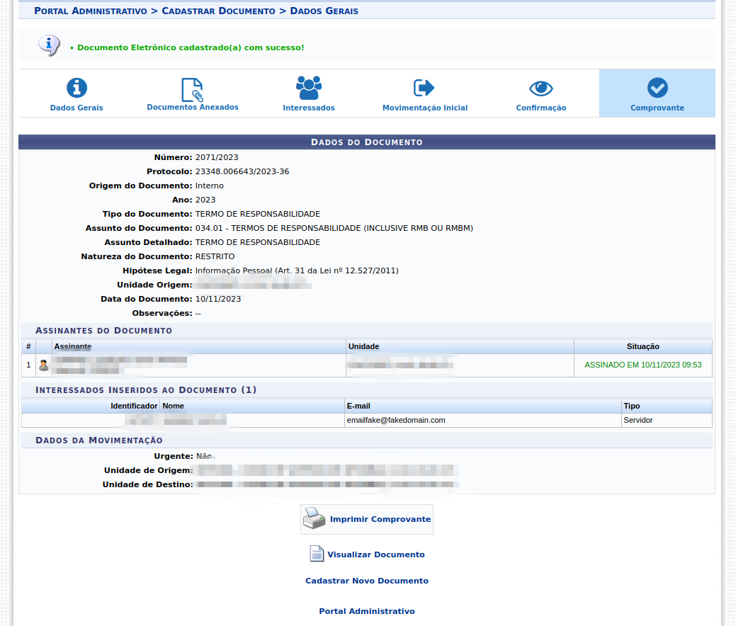 tela de documento cadastrado com sucesso no sistema SIPAC