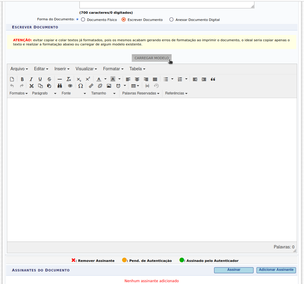 tela que mostra para carregar modelo de documento