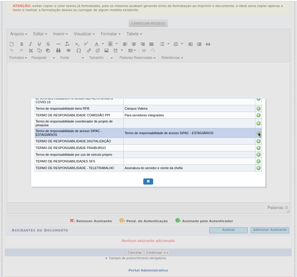 tela para selecionar o termo de responsabilidade de acesso SIPAC, para estagiários