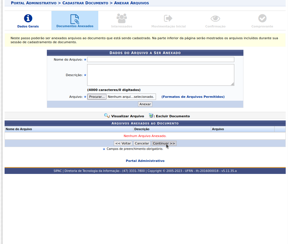 tela para anexar documentos no SIPAC