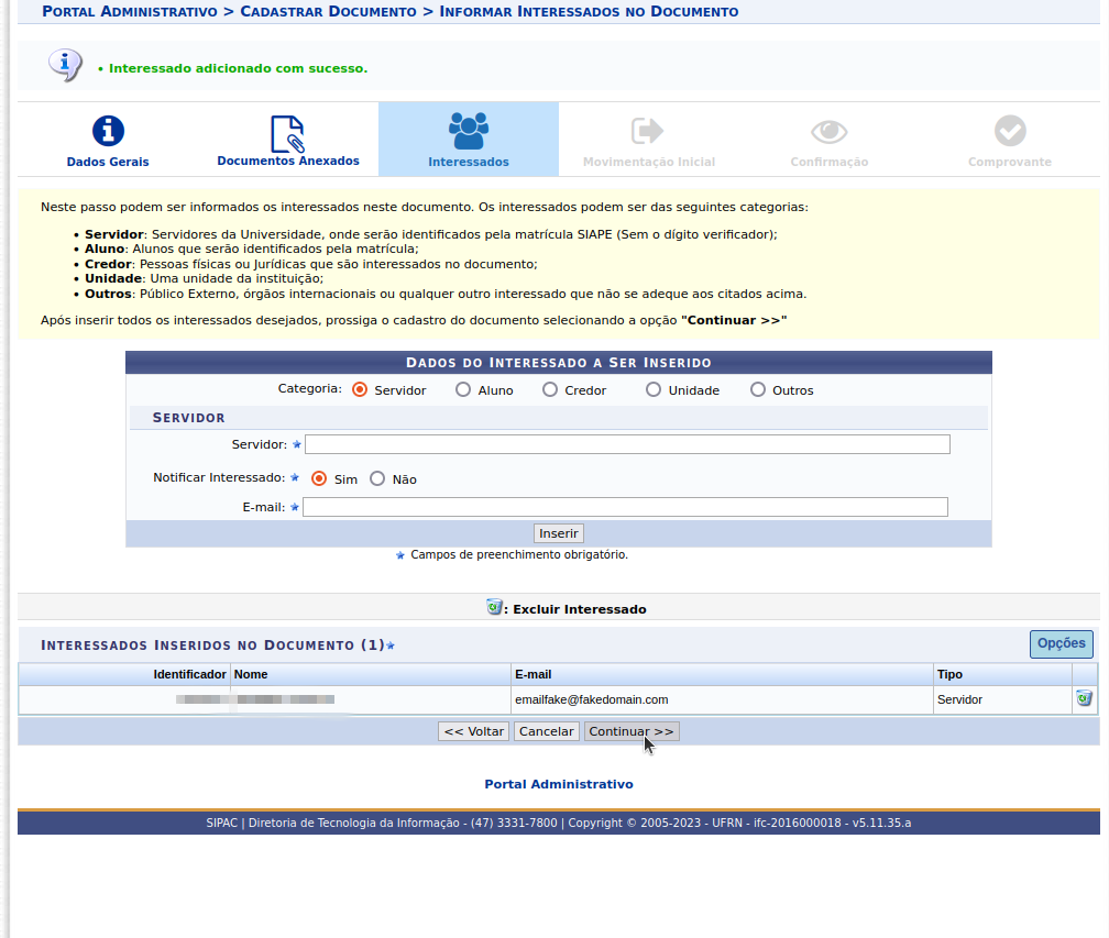 tela para inserir interessados ao documento no SIPAC