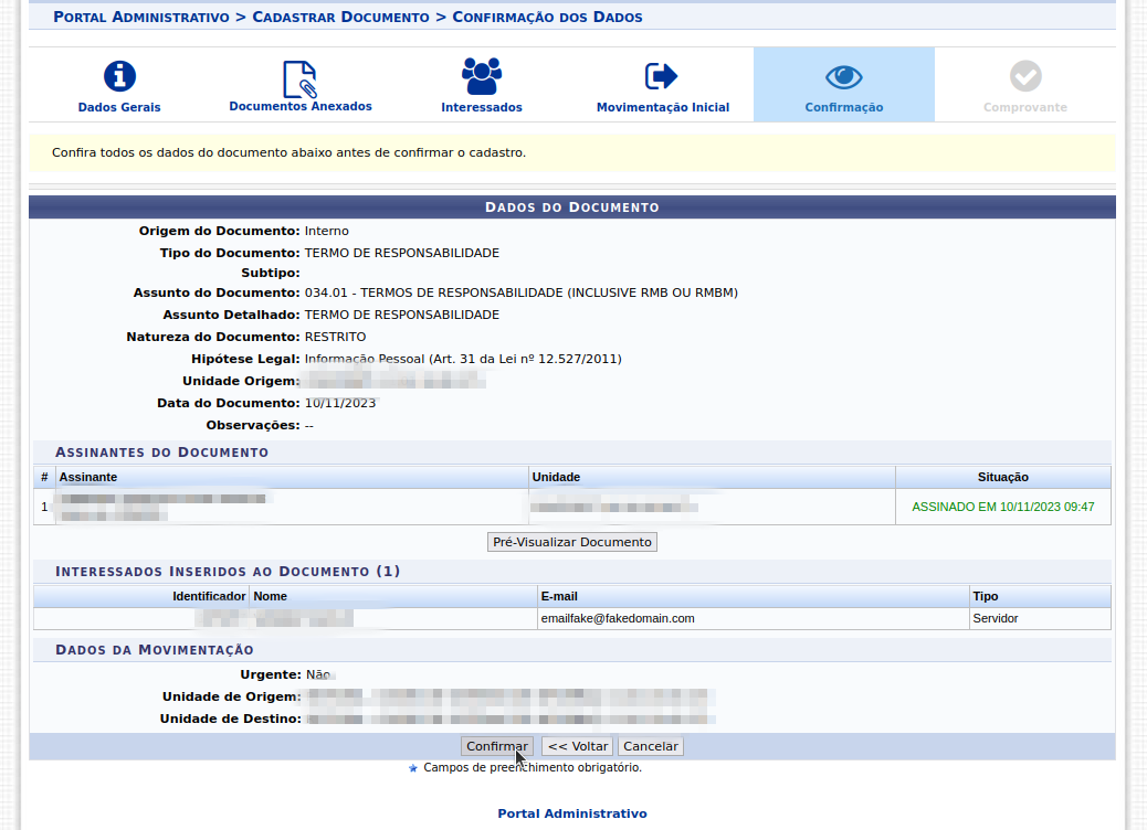 tela de confirmação dos dados do documento